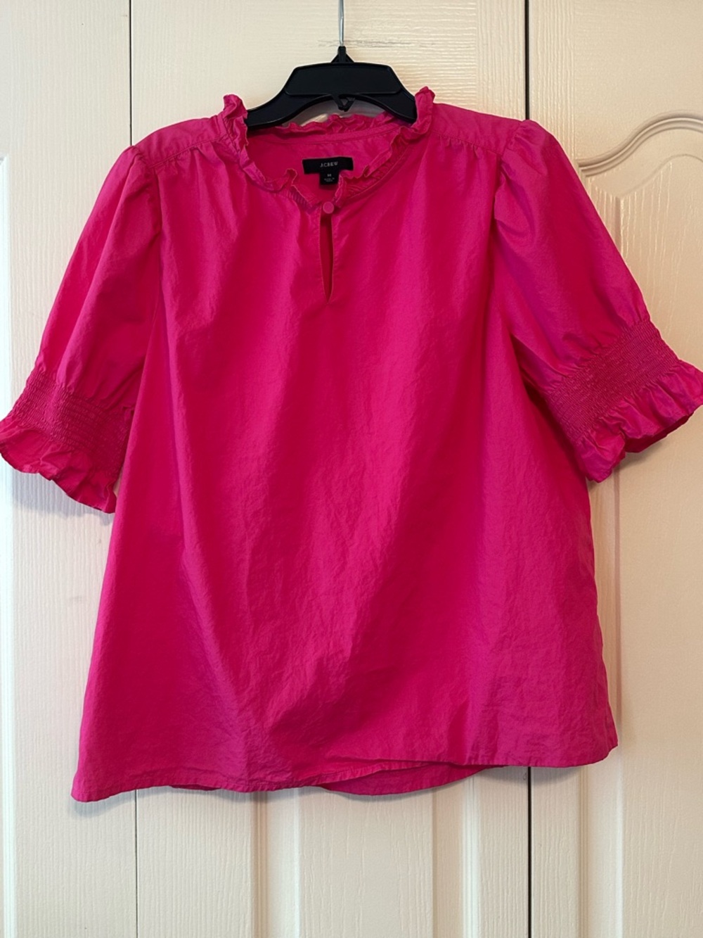 J. Crew Women’s Bright Pink Ruffle Neck Short Sleeve Blouse Sz. M - Picture 5 of 7